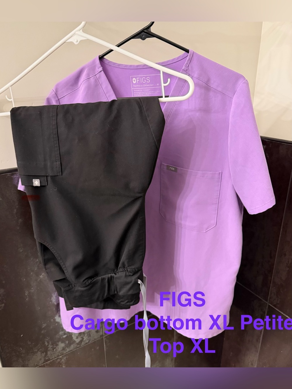 FIGS-Lavender Scrub Top with Black Cargo Jogger Pants